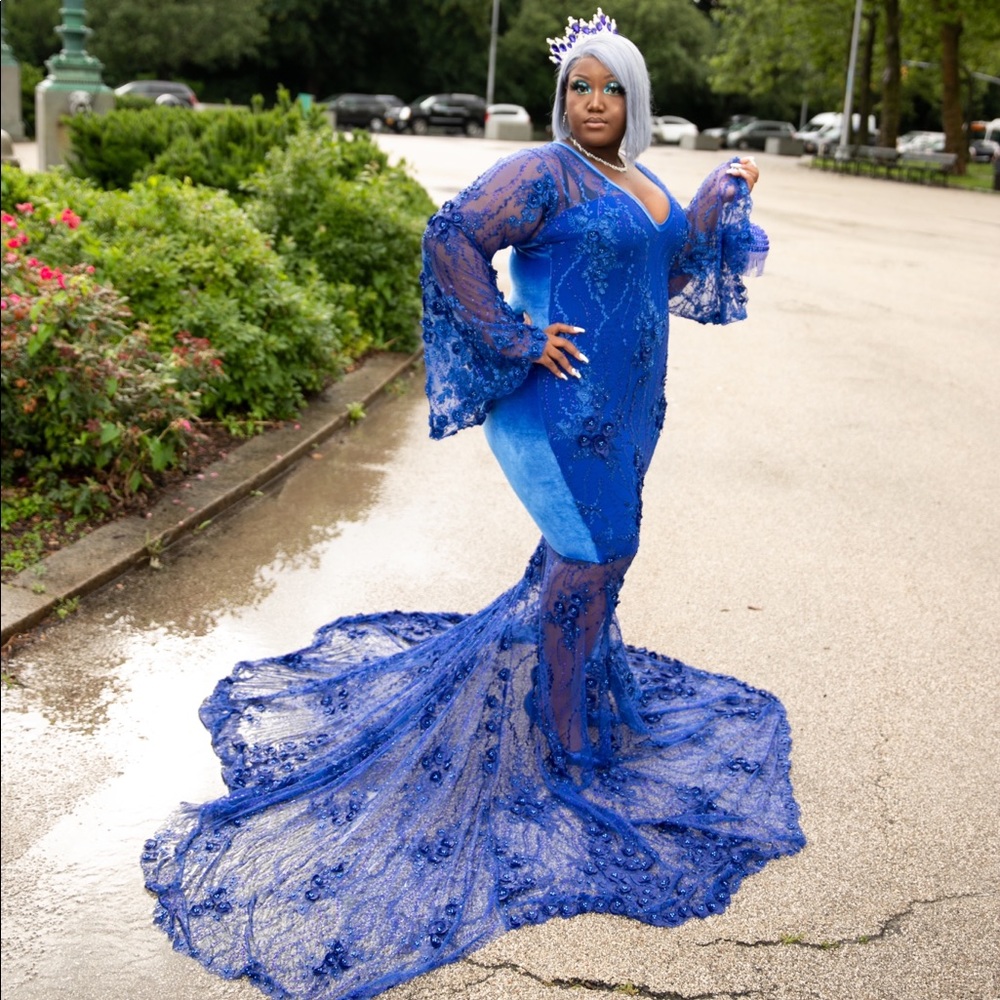 Custom Royal Blue Gown With 3D flowers.